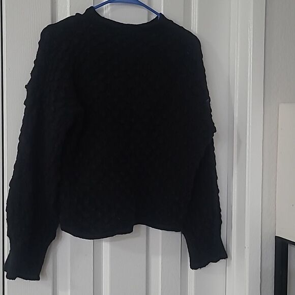 Black Popcorn Open Knit Short Puff Sleeve Sweater Sz L - Picture 1 of 5